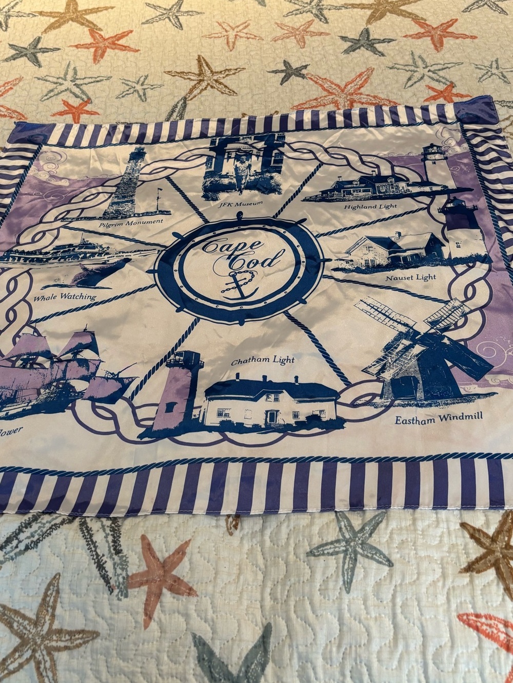 Vintage Cape Cod Nautical Print Scarf in Navy & Lavender